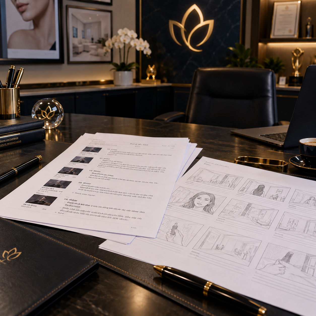 Kịch bản video và storyboard trên bàn làm việc