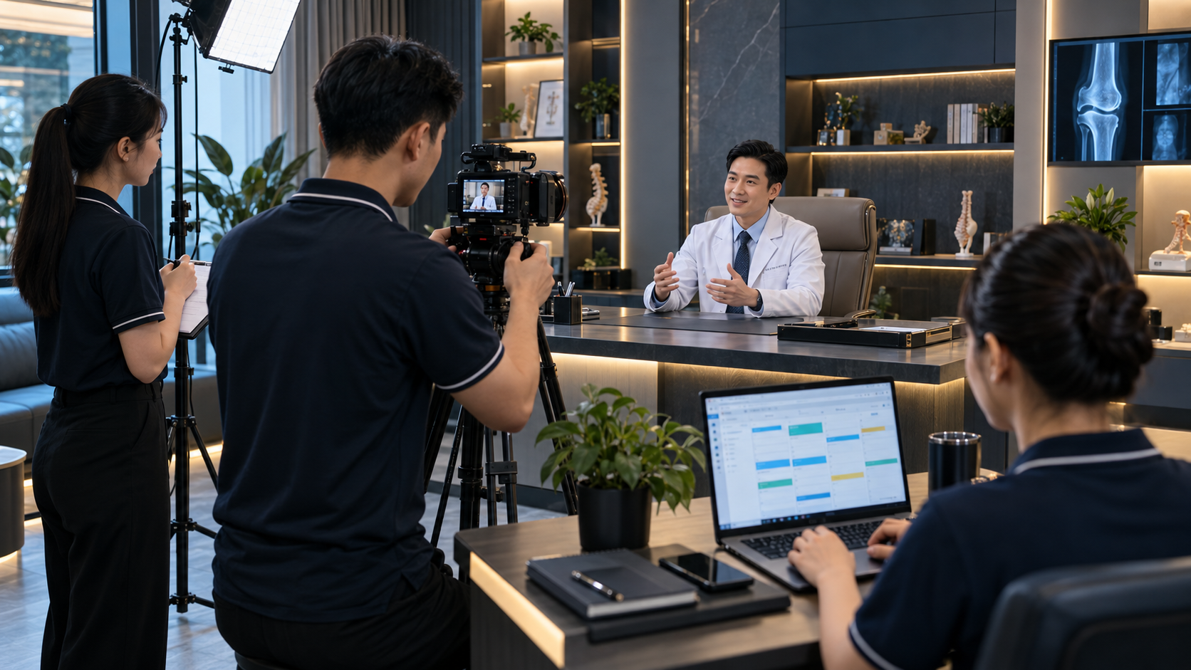 Đội ngũ marketing quay nội dung cùng bác sĩ tại phòng khám